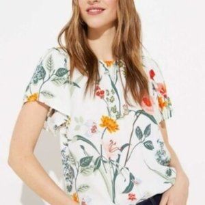 Loft Size Medium Floral Button Back Blouse White Flutter Sleeve.